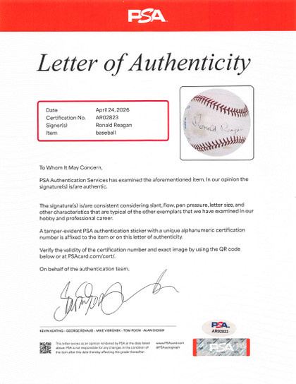 Ronald Reagan Authentic Signed Bobby Brown OAL Baseball PSA/DNA #AR02823