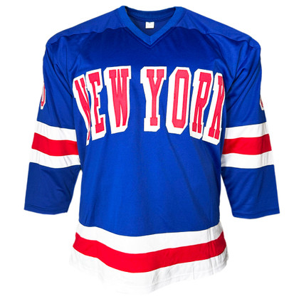 Gilles Villemure Signed 71 Vezina Inscription New York Blue Hockey Jersey (JSA)
