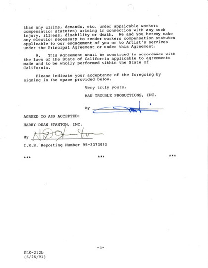 Harry Dean Stanton Hand-Signed 1991 "Man Trouble" Theatrical Film Contract