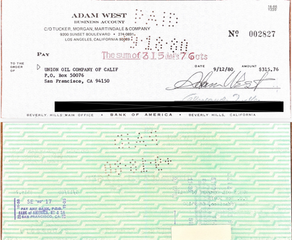 Adam West Hand-Signed 1980 Business Account Bank Check — Pop Culture "Batman" History