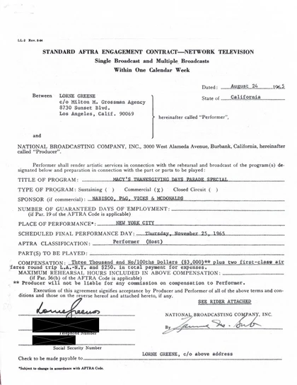 Lorne Greene Hand-Signed 1965 NBC Television Macy's Thanksgiving Day Parade Contract