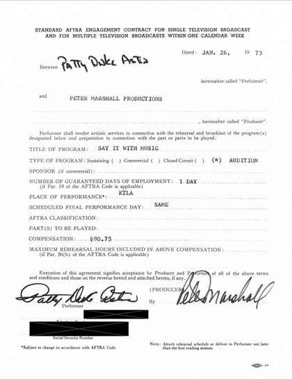 Patty Duke Hand-Signed 1973 "Say It with Music" Television Audition Contract