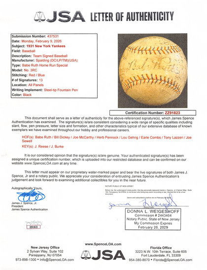 1931 Yankees (13) Babe Ruth, Lou Gehrig, +11 Signed Spalding Baseball JSA LOA