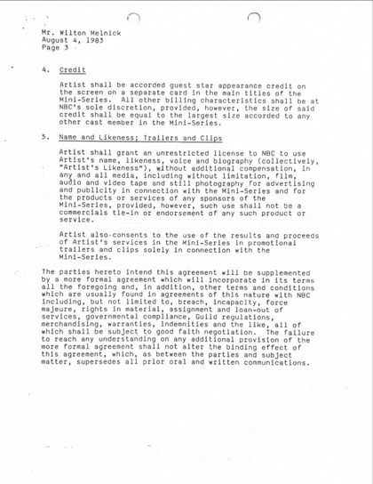 Glenn Ford Hand-Signed 1983 NBC Television "Celebrity" Mini-Series Deal Memo