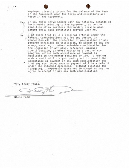 Glenn Ford Hand-Signed 1983 NBC Television "Celebrity" Mini-Series Deal Memo