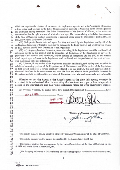 Jack Webb Hand-Signed 1960 William Morris Agency Theatrical Motion Picture Contract