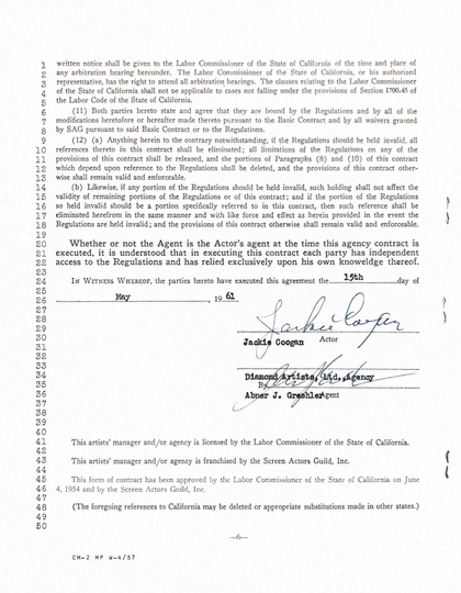 Jackie Coogan Hand-Signed 1961 Diamond Artists Theatrical Motion Picture Agency Contract