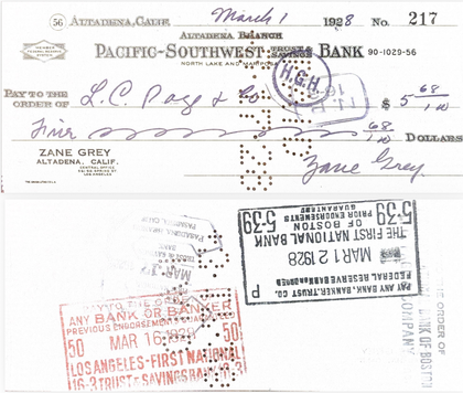 Zane Grey Hand-Signed Vintage Personal Bank Check Collection (1916 & 1928)