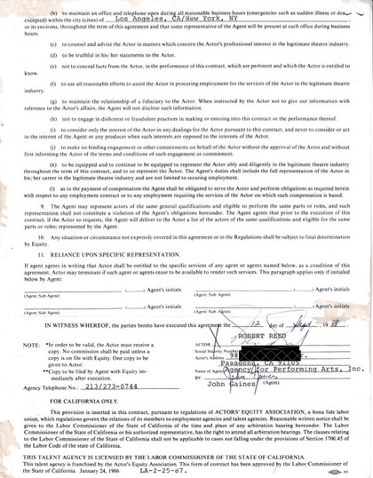 Robert Reed Hand-Signed 1988 Actors' Equity Exclusive Management Contract
