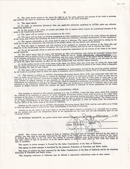 John Lithgow Hand-Signed 1989 AFTRA Exclusive Agency Contract