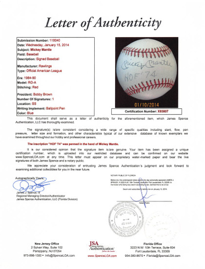 Yankees Mickey Mantle "HOF 74" Signed OAL Baseball Graded 7.5! PSA & JSA LOAs