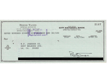 Bernie Taupin Hand-Signed 1977 Personal Bank Check