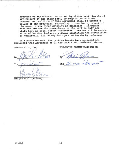 Martin Mull Hand-Signed 1990 MGM Hollywood Studio Screenplay Contract