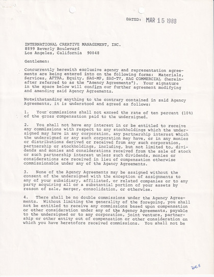 Roddy McDowall Hand-Signed 1988 ICM & William Morris Agency Television Rider Contract