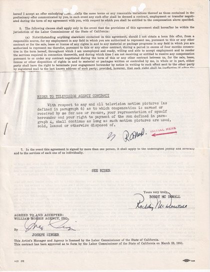Roddy McDowall Hand-Signed 1988 ICM & William Morris Agency Television Rider Contract