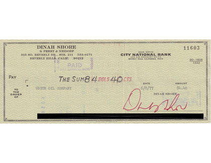 Dinah Shore Hand-Signed 1977 Personal Bank Check