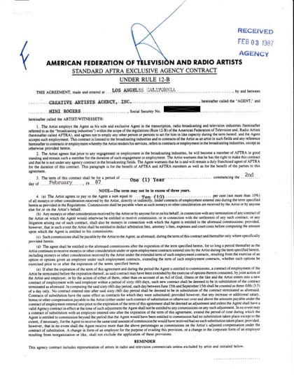 Mimi Rogers Hand-Signed 1987 CAA Theatrical Contract
