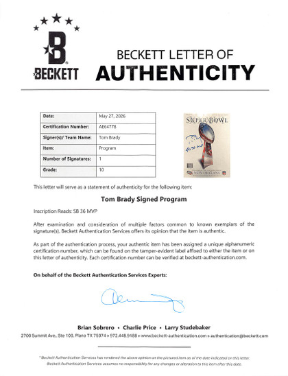Patriots Tom Brady SB XXXVI MVP Signed Official SB XXXVI Program Auto 10! BAS