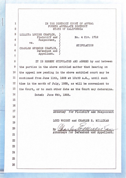 1935 Charlie Chaplin Legal Appellate Appeal Stipulation Document