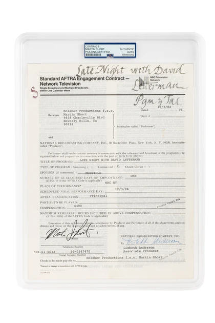 Martin Short Hand-Signed 1984 NBC "Late Night with David Letterman" TV Contract (PSA/DNA Encapsulated)