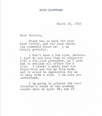 Joan Crawford Hand-Signed 1963 Personal Correspondence Letter