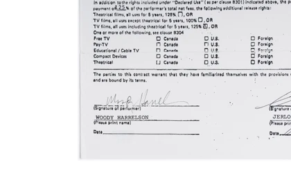 Woody Harrelson Hand-Signed 1987 Entertainment Contract