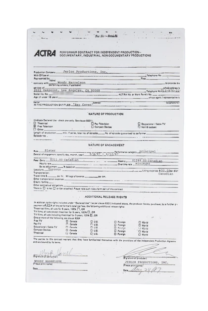 Woody Harrelson Hand-Signed 1987 Entertainment Contract