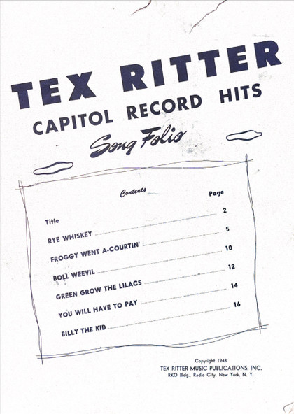 Tex Ritter Hand-Signed 1948 "Capitol Record Hits" Vintage Song Folio