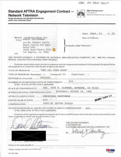 David Letterman Hand-Signed 1985 NBC Television Contract