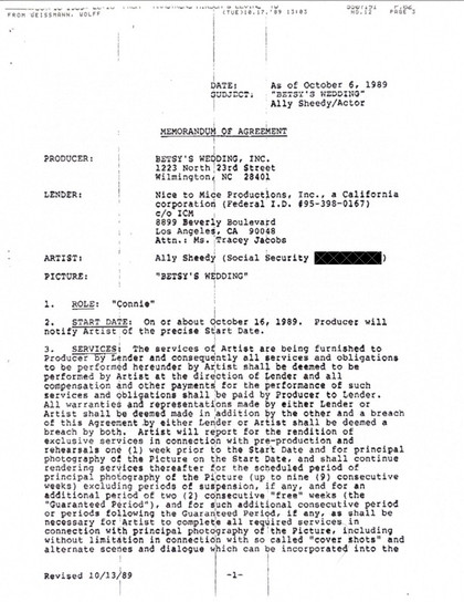 Ally Sheedy Hand-Signed 1989 Theatrical Film Contract