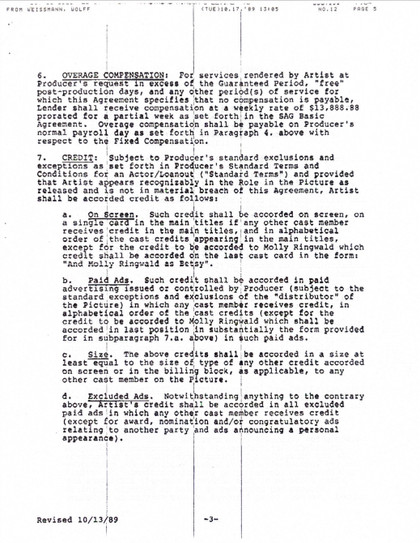 Ally Sheedy Hand-Signed 1989 Theatrical Film Contract