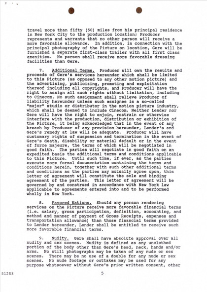 Richard Gere Hand-Signed 1987 Motion Picture Contract