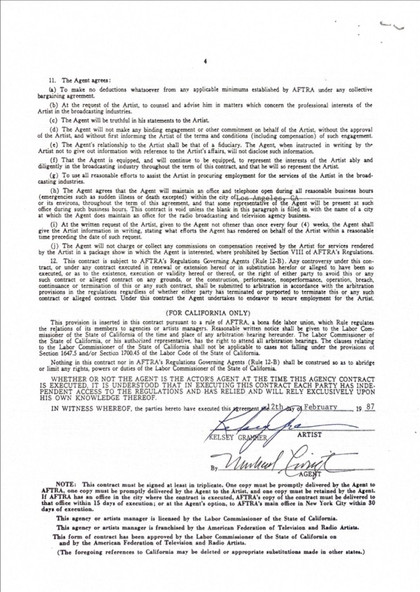 Kelsey Grammer Hand-Signed 1987 AFTRA Exclusive Agency Contract
