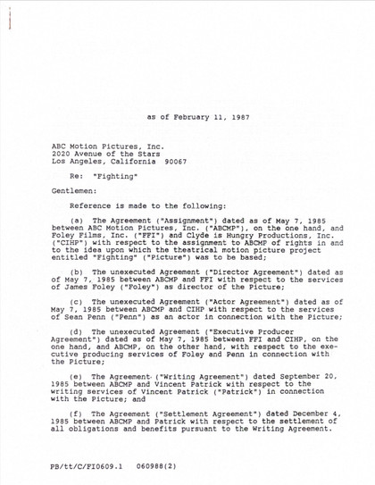 Sean Penn Hand-Signed 1987 Hollywood Legal Settlement Agreement