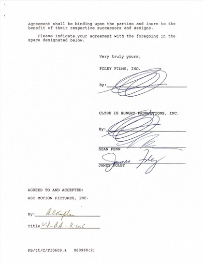 Sean Penn Hand-Signed 1987 Hollywood Legal Settlement Agreement