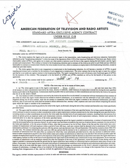 Paul Reiser Hand-Signed CAA Agency Contract