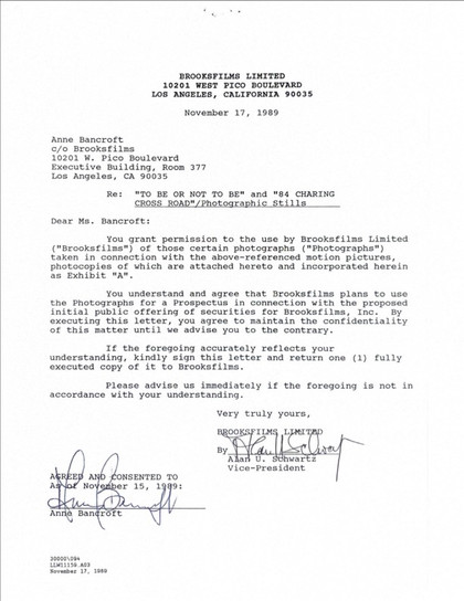 Anne Bancroft Hand-Signed Brooksfilms Limited Executive Letter