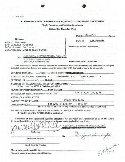 Marcel Marceau Hand-Signed Standard AFTRA Engagement Contract
