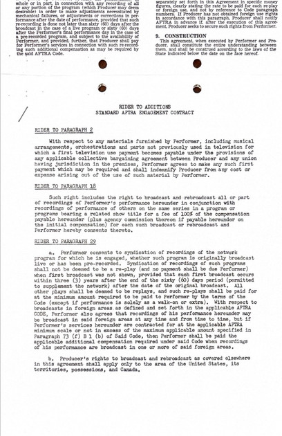 Marcel Marceau Hand-Signed Standard AFTRA Engagement Contract