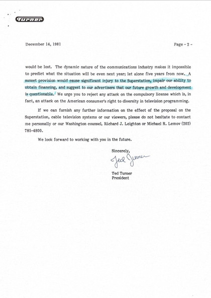 Ted Turner Hand-Signed Two-Page Congressional Letter