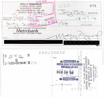 Molly Ringwald Hand-Signed Personal Banking Ledger Check