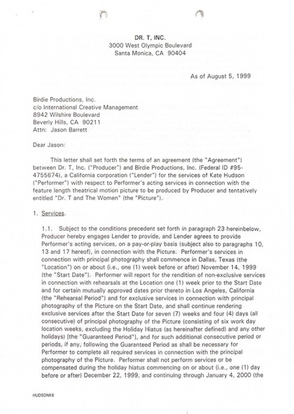 Kate Hudson Hand-Signed Feature Film Employment Agreement