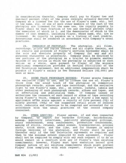 Shirley Jones Hand-Signed "Hotel" Pilot Executive Contract