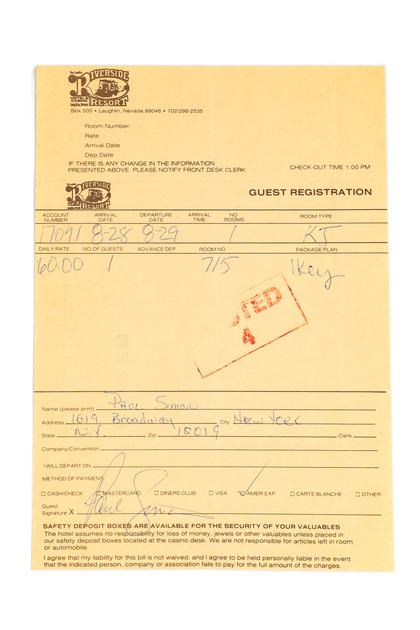 Paul Simon Hand-Signed Hotel Guest Registration Folio