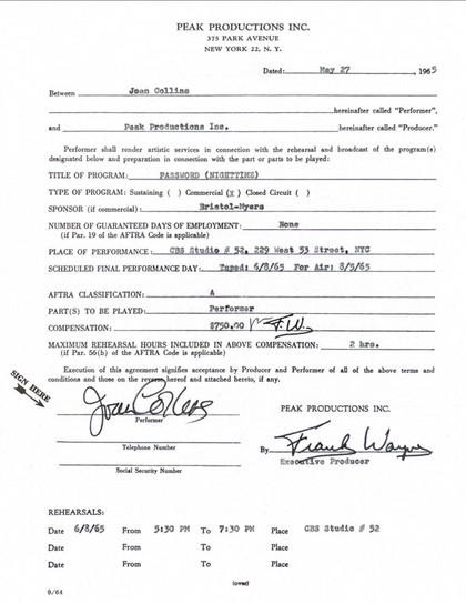 Joan Collins Hand-Signed Television Appearance Agreement