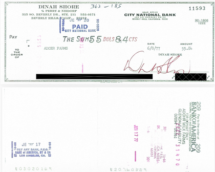Dinah Shore Hand-Signed Personal Check Pair