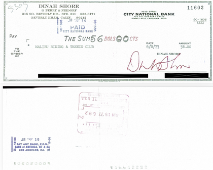 Dinah Shore Hand-Signed Personal Check Pair