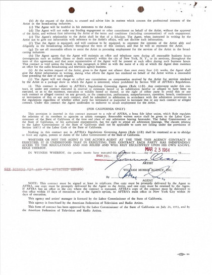 Jimmy Dean Hand-Signed Standard AFTRA Exclusive Agency Contract