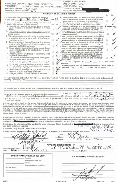 Dick Clark Hand-Signed "Affidavit of Examined Person" Cast Insurance Medical Policy