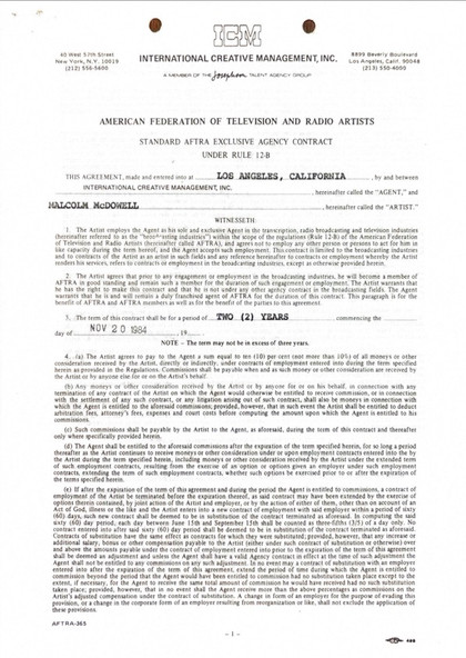 Malcolm McDowell Hand-Signed ICM Agency Contract